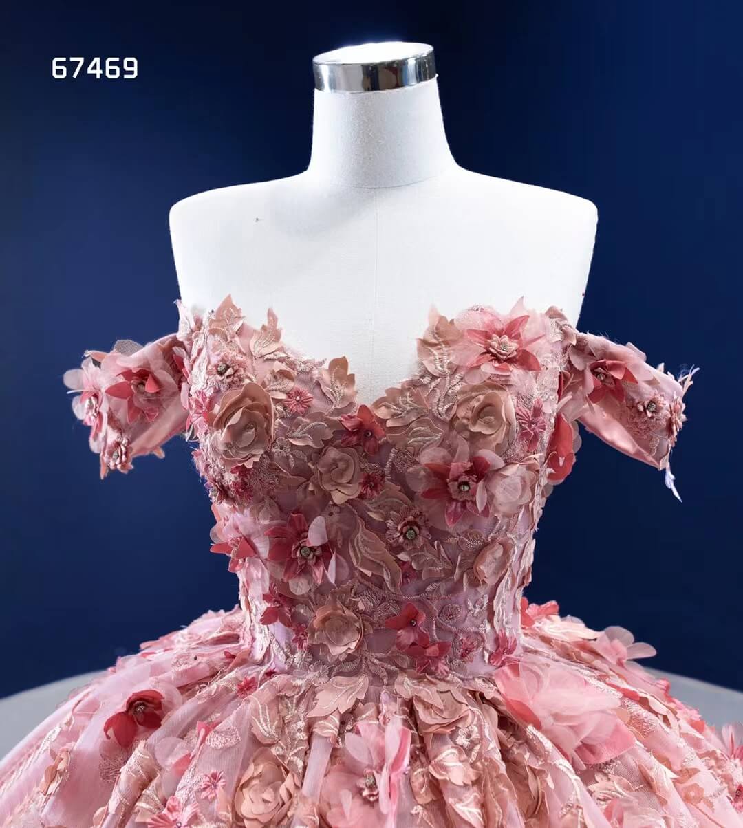 Pink 3D Flower Sweet 15 Dress Off the Shoulder Ball Gown Quince Dress 67469-Quinceanera Dresses 2025 -Viniodress-Pink-60cm-Custom Size