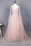 Pink Feather Prom Dresses Cape Sleeve V-neck Pageant Dress FD2616