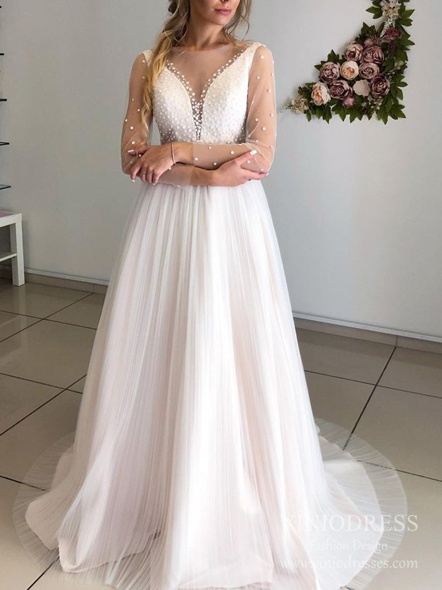 Pleated Tulle A-line Pearl Wedding Dresses with Long Sleeves VW1836-wedding dresses-Viniodress-As Picture-Custom Size-Viniodress