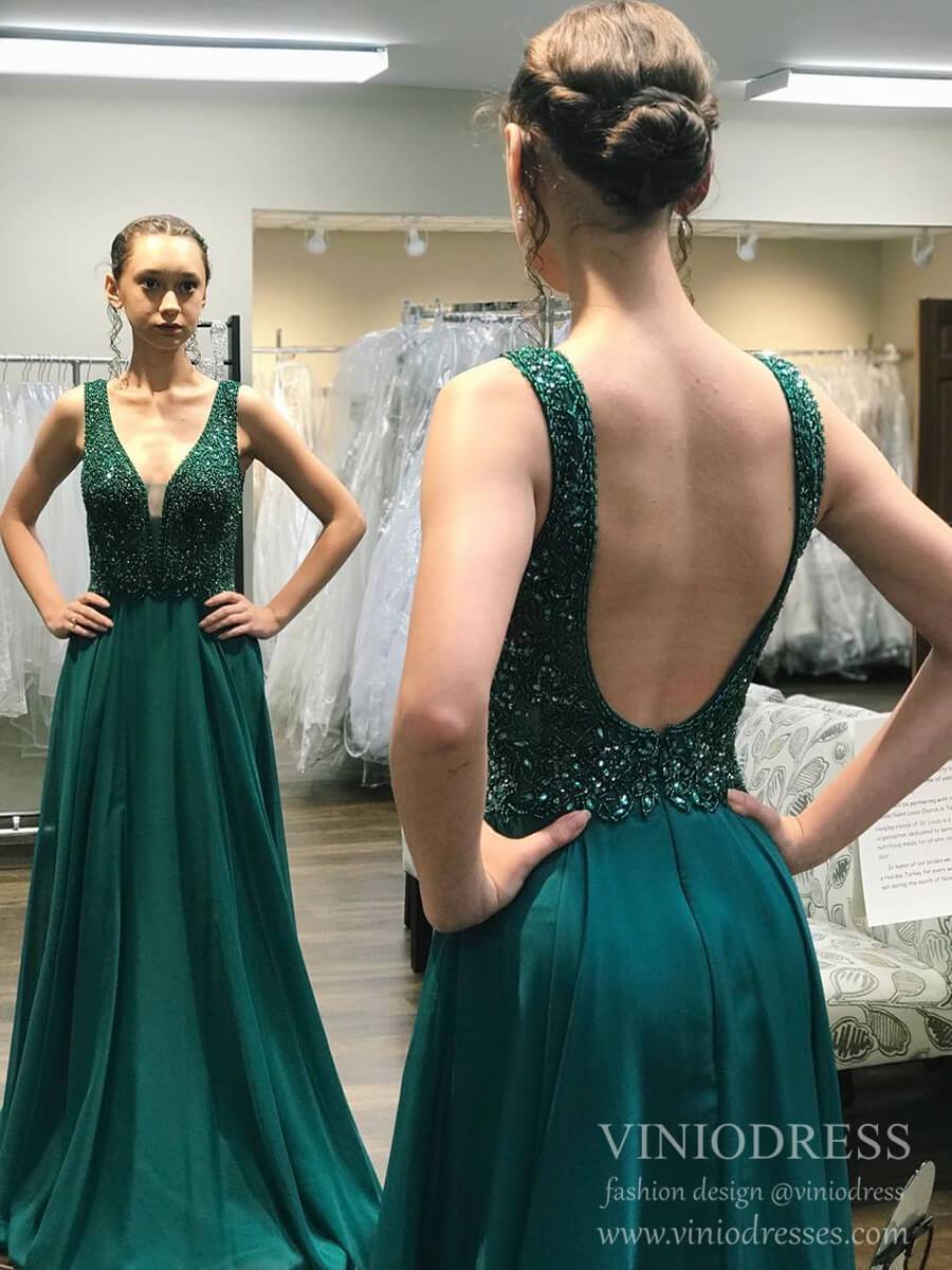 Plunging V Neck Dark Green Beaded Prom Dresses Long Evening Dress FD2013-prom dresses-Viniodress-As Picture-Custom Size-Viniodress