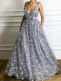 Plunging V Neck Gray 3D Floral Prom Dresses with Pockets FD1723