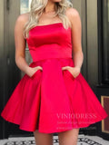 Red Strapless Satin Junior Homecoming Dresses with Pockets SD1189B