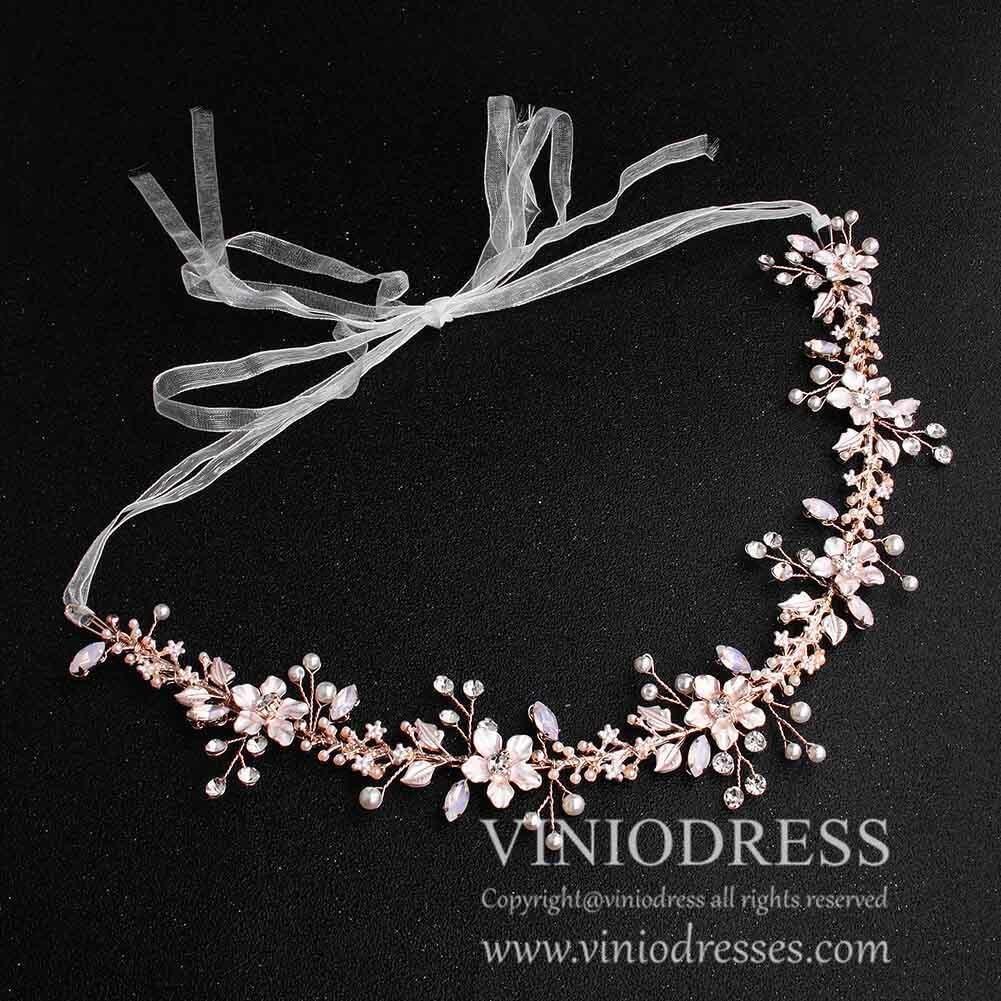 Rose Gold Blossom Bridal Headband with Pearls and Crystals AC1081-Headpieces-Viniodress-Rose Gold-Viniodress