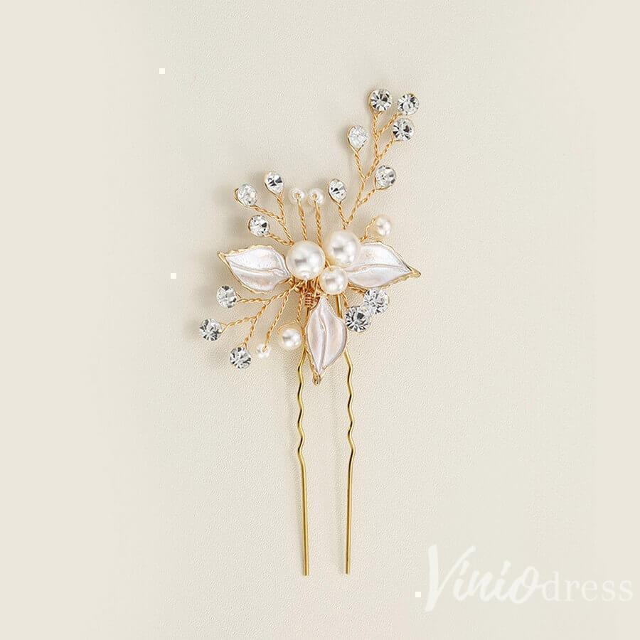 Rose Gold Bridal Haripin with Crystal Sprig and Leaves AC1157-Headpieces-Viniodress-Gold-Viniodress