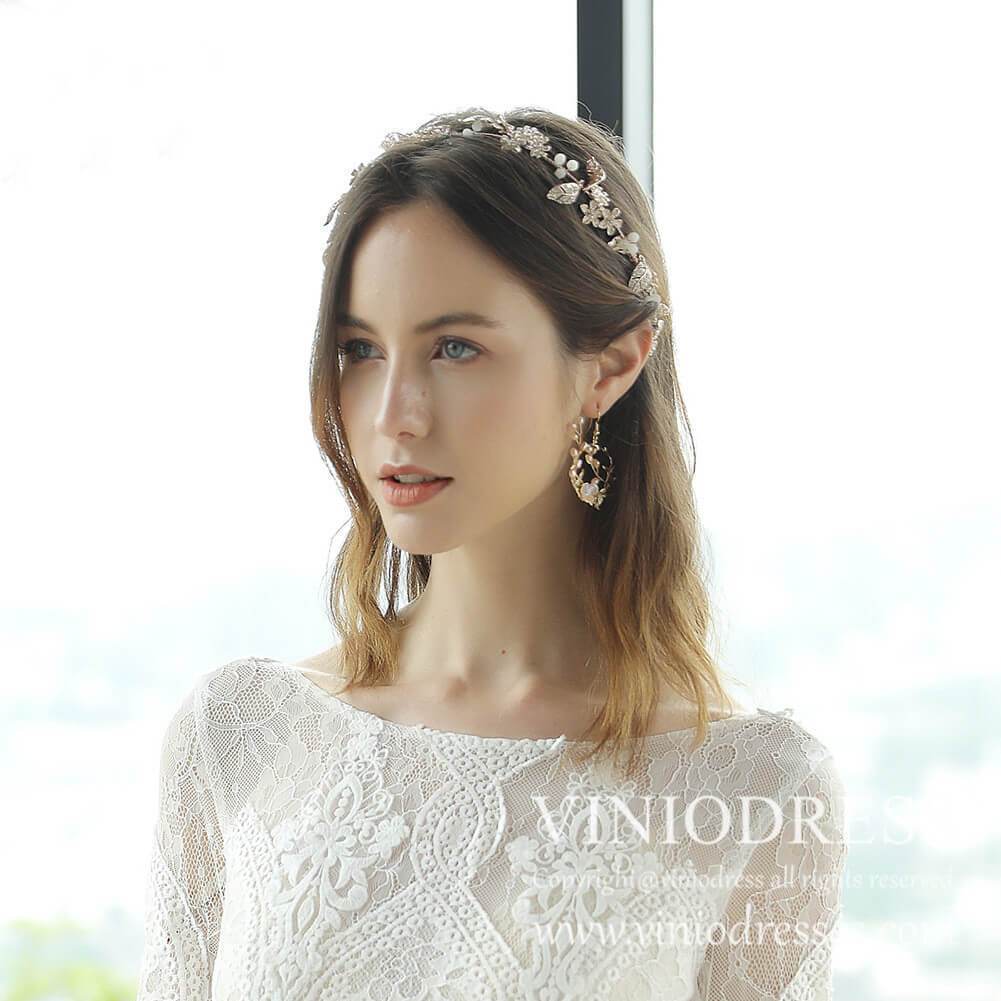 Rose Gold Leaf Bridal Headband and Earrings Set AC1057-Headpieces-Viniodress-Headband&Earrings-Viniodress