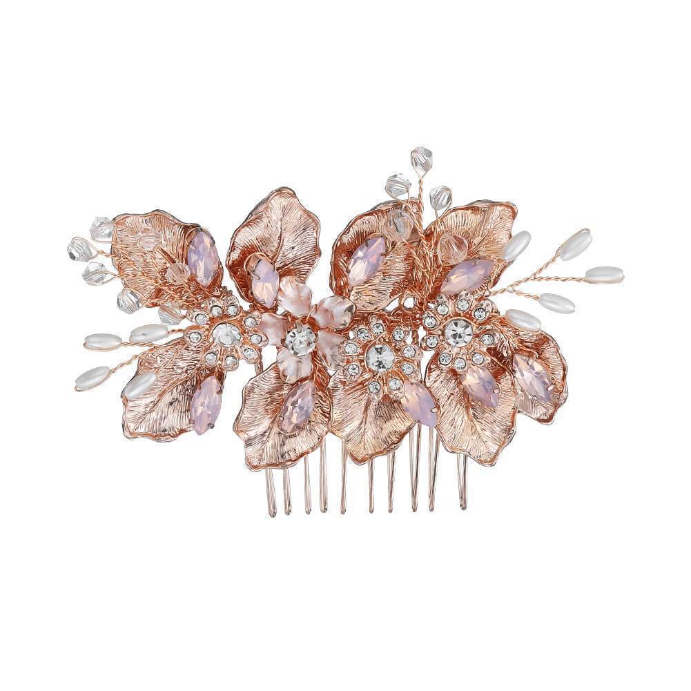 Rose Gold Metal Leaf Hair Comb with Pearls and Crystals AC1052-Headpieces-Viniodress-Rose Gold-Viniodress