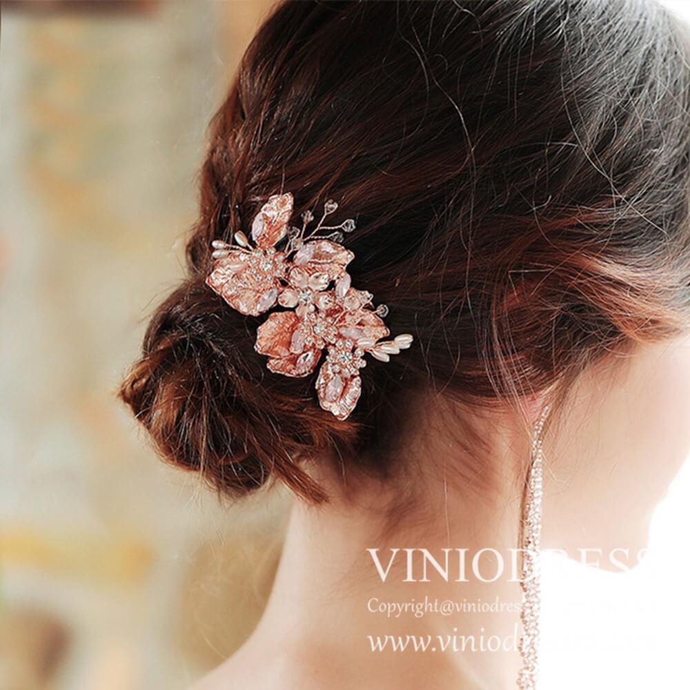 Rose Gold Metal Leaf Hair Comb with Pearls and Crystals AC1052-Headpieces-Viniodress-Rose Gold-Viniodress