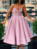 Rose Pink Strapless Tea Length Prom Dresses with Pockets SD1255