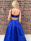 Royal Blue Satin Long Prom Dresses with Pockets Open Back FD2094