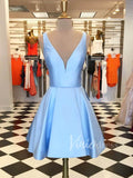 Royal Blue V Neck Satin Homecoming Dresses with Pockets SD1193-homecoming dresses-Viniodress-Light Blue-Custom Size-Viniodress