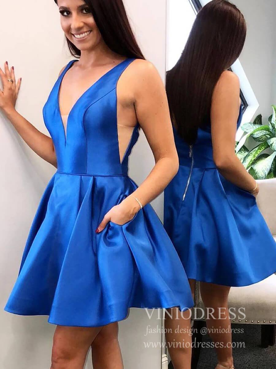 Royal Blue V Neck Satin Homecoming Dresses with Pockets SD1193-homecoming dresses-Viniodress-Royal Blue-Custom Size-Viniodress