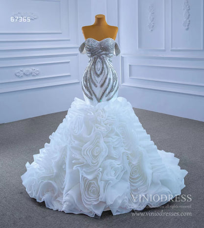 Ruffled Rosette Mermaid Wedding Gown Removable Sleeves 67365 VINIODRESS-wedding dresses 2025 -Viniodress-Ivory-Custom Size-