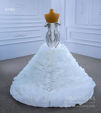 Ruffled Rosette Mermaid Wedding Gown Removable Sleeves 67365 VINIODRESS-wedding dresses 2025 -Viniodress-Ivory-Custom Size-