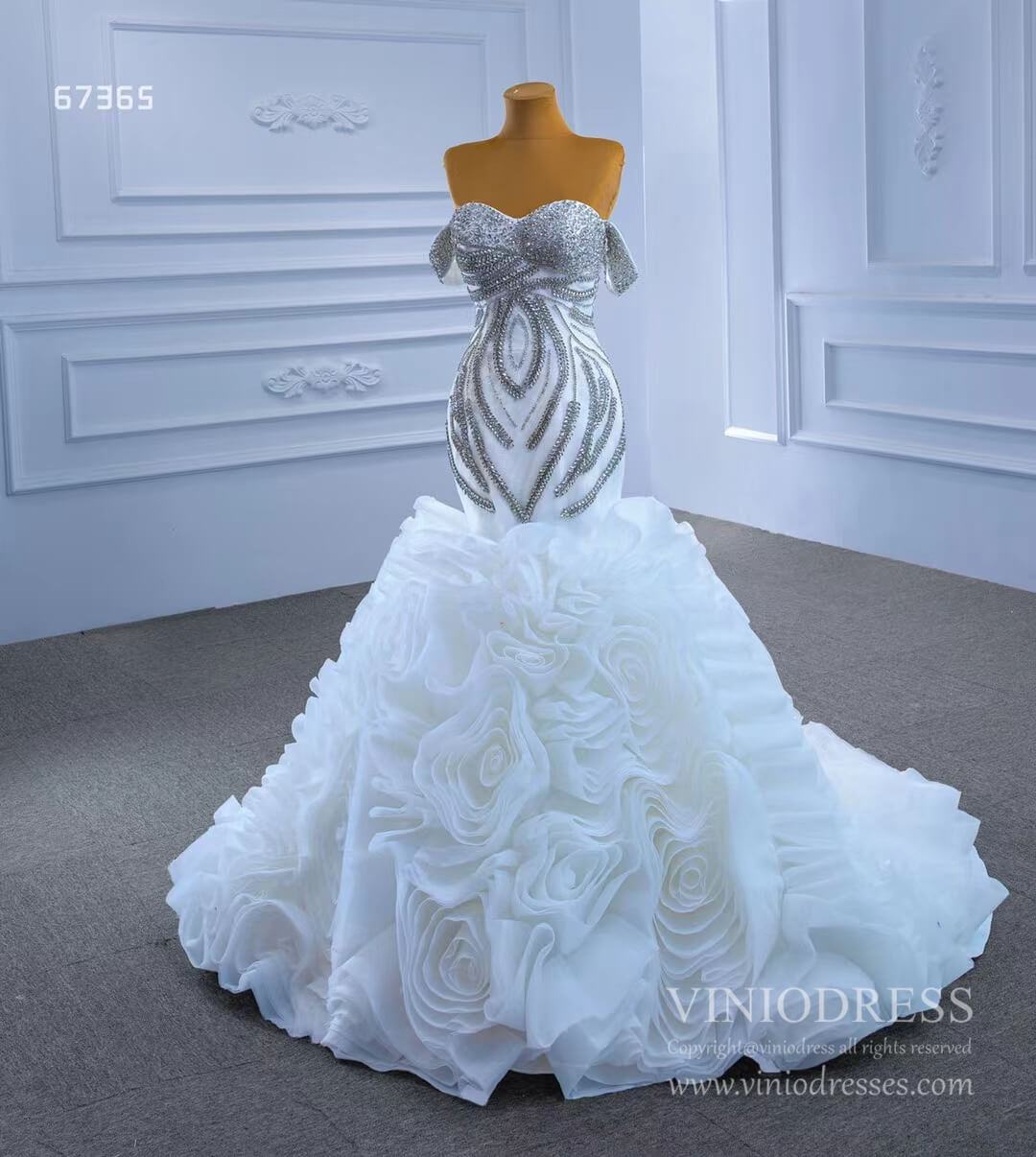 Ruffled Rosette Mermaid Wedding Gown Removable Sleeves 67365 VINIODRESS-wedding dresses 2025 -Viniodress-Ivory-Custom Size-