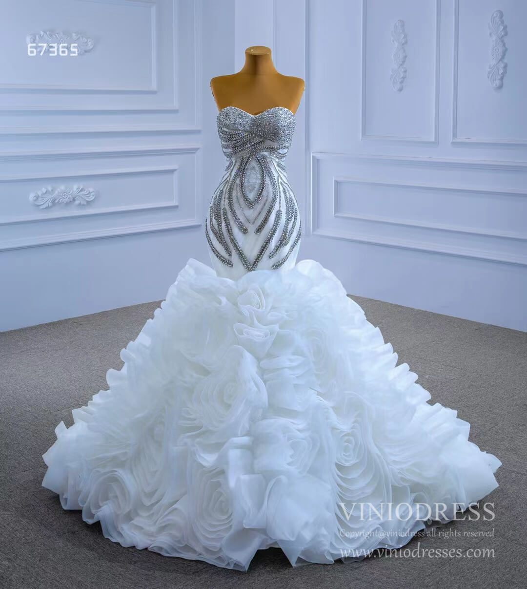 Ruffled Rosette Mermaid Wedding Gown Removable Sleeves 67365 VINIODRESS-wedding dresses 2025 -Viniodress-Ivory-Custom Size-
