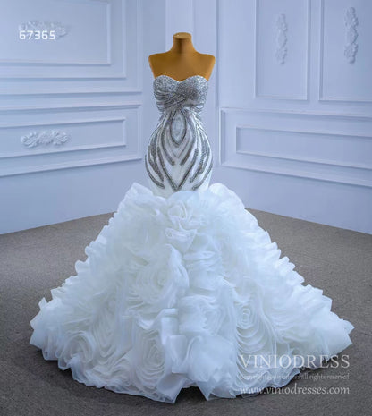 Ruffled Rosette Mermaid Wedding Gown Removable Sleeves 67365 VINIODRESS-wedding dresses 2025 -Viniodress-Ivory-Custom Size-
