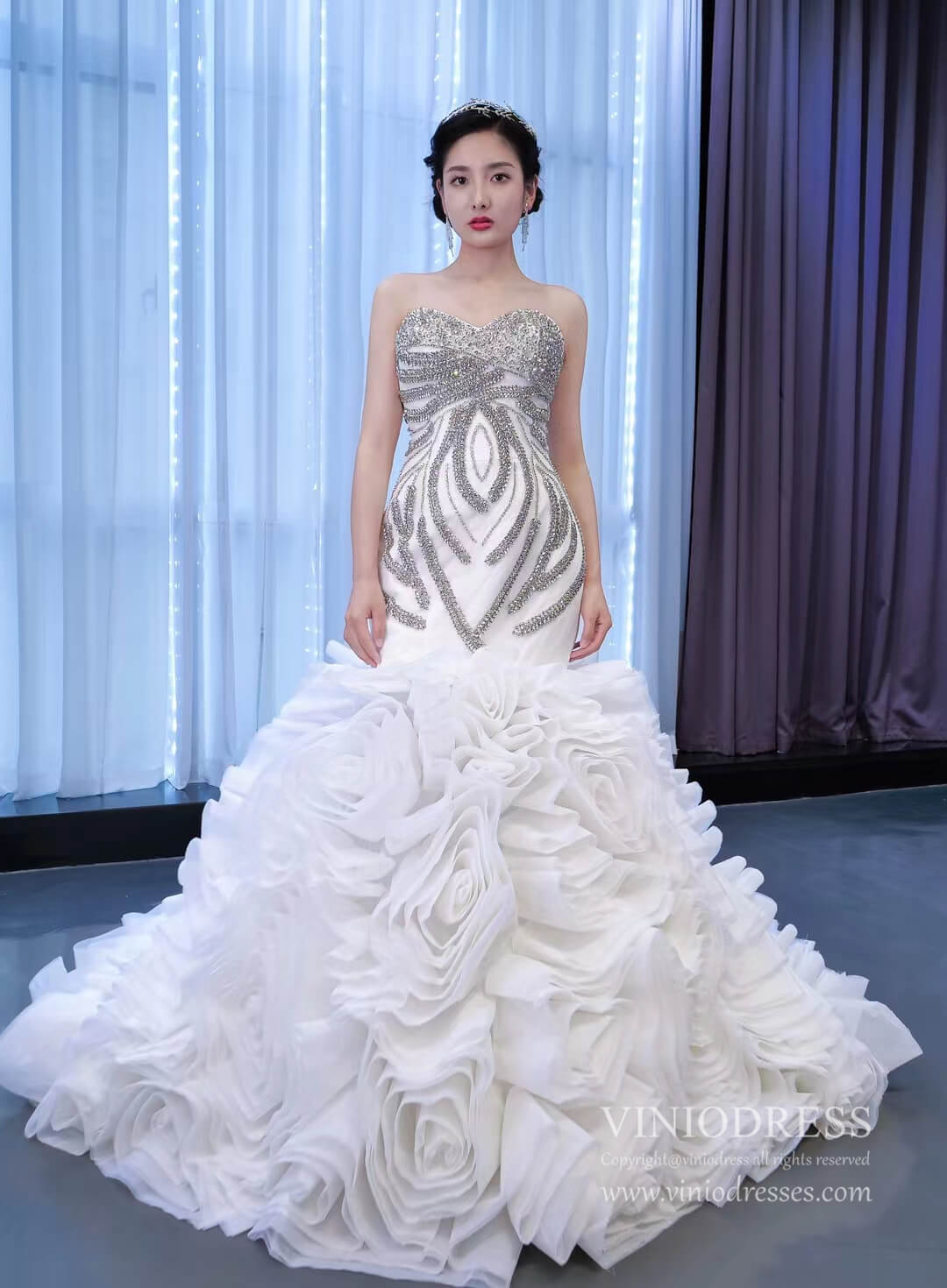 Ruffled Rosette Mermaid Wedding Gown Removable Sleeves 67365 VINIODRESS-wedding dresses 2025 -Viniodress-Ivory-Custom Size-