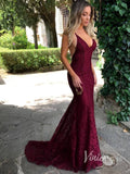 Sexy Burgundy Lace Mermaid Prom Dresses V neck Pageant Dress FD1319