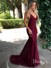 Elegant Mermaid Halter Neck Burgundy Lace Prom Dress Evening Dress PSK218