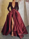Sexy Deep V-neck Burgundy Satin Prom Dresses with Pockets FD2516