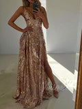 Sexy Gold Sequin Long Prom Dresses with Slit FD1609