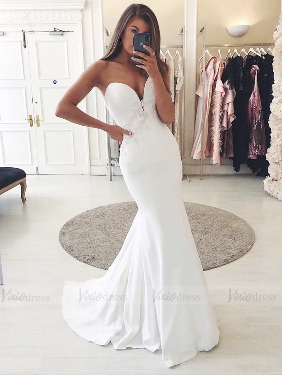 Sexy Plunging V Neck Satin Mermaid Wedding Dresses 2019 VW1325-wedding dresses-Viniodress-Ivory-Custom Size-Viniodress