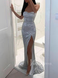 <transcy>Vestidos formales de lentejuelas plateadas sexy con vestido de sirena sin tirantes con abertura FD1597</transcy>