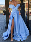 Sexy Thigh Split Light Blue Satin Prom Dresses with Pockets FD1826B
