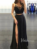 Sexy Two Piece Black Long Formal Dresses with Slit FD1375