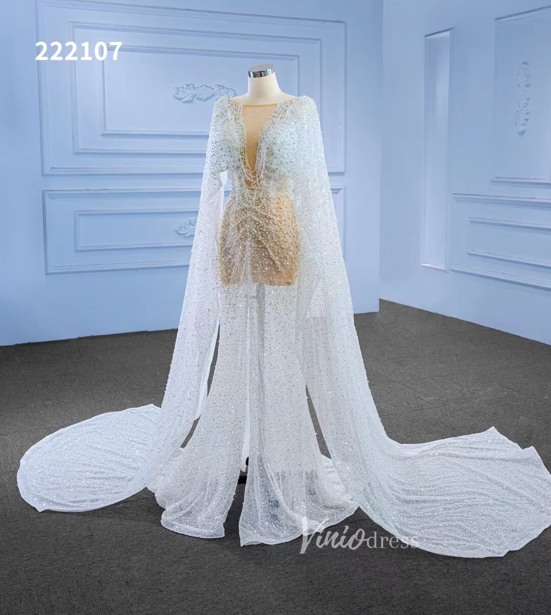 Sheer Modern Pearl Wedding Dresses with Extra Long Cape Sleeves 222107-wedding dresses 2025 -Viniodress-Ivory-Custom Size-