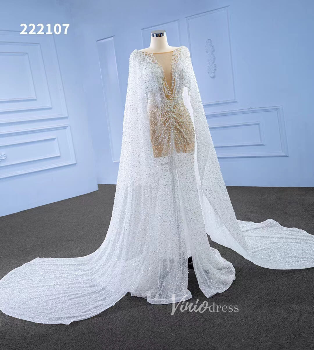 Sheer Modern Pearl Wedding Dresses with Extra Long Cape Sleeves 222107-wedding dresses 2025 -Viniodress-Ivory-Custom Size-