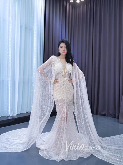 Sheer Modern Pearl Wedding Dresses with Extra Long Cape Sleeves 222107-wedding dresses 2025 -Viniodress-Ivory-Custom Size-