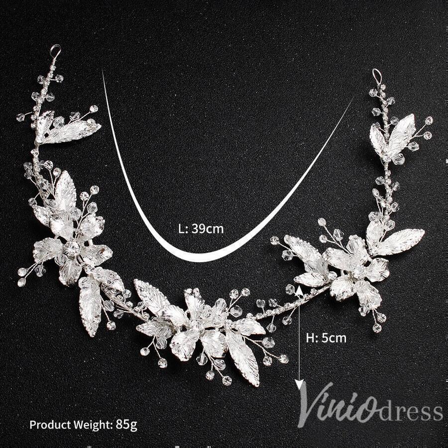 Silver Leaf Bridal Headband with Crystals AC1086-Headpieces-Viniodress-Silver-Viniodress