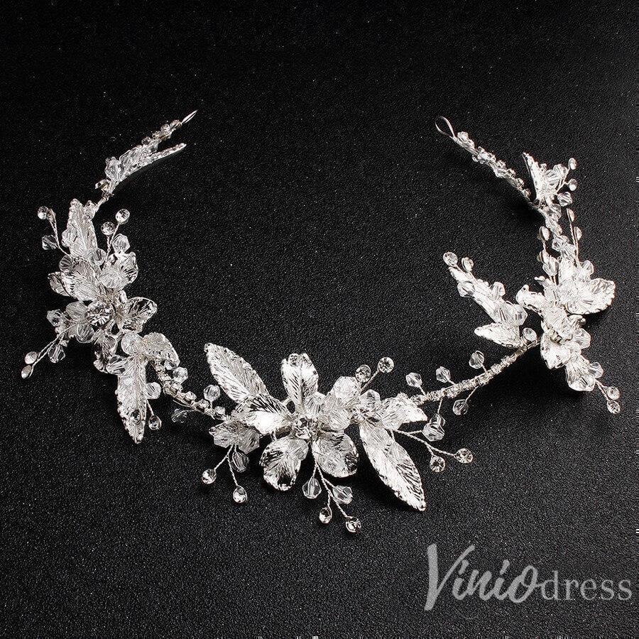 Silver Leaf Bridal Headband with Crystals AC1086-Headpieces-Viniodress-Silver-Viniodress