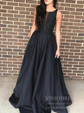 Simple Cheap Black Satin Prom Dresses with Pockets FD1831