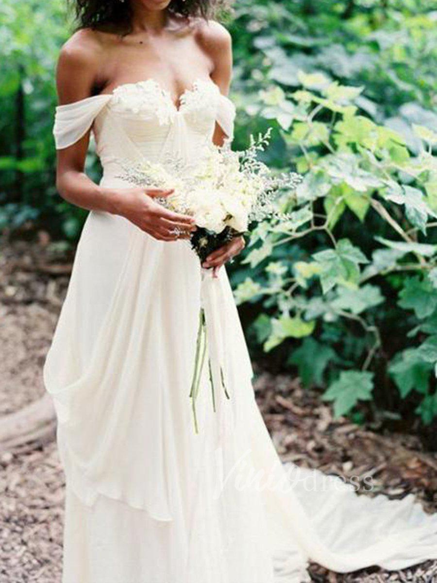 Simple Chiffon Beach Wedding Dresses Off the Shoulder VW1235-wedding dresses-Viniodress-Ivory-Custom Size-Viniodress