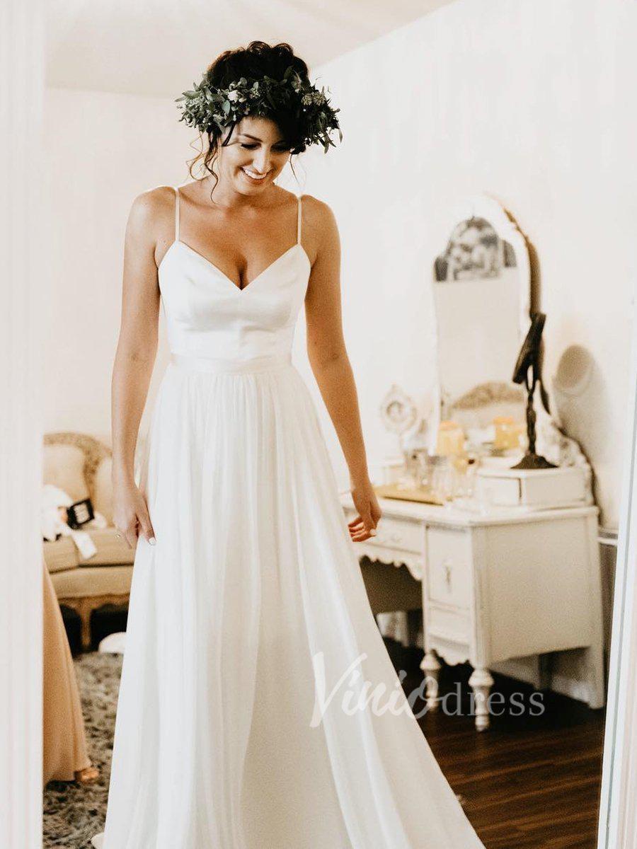 Simple Chiffon Beach Wedding Dresses Spaghetti Strap V Neck VW1198-wedding dresses-Viniodress-Ivory-Custom Size-Viniodress
