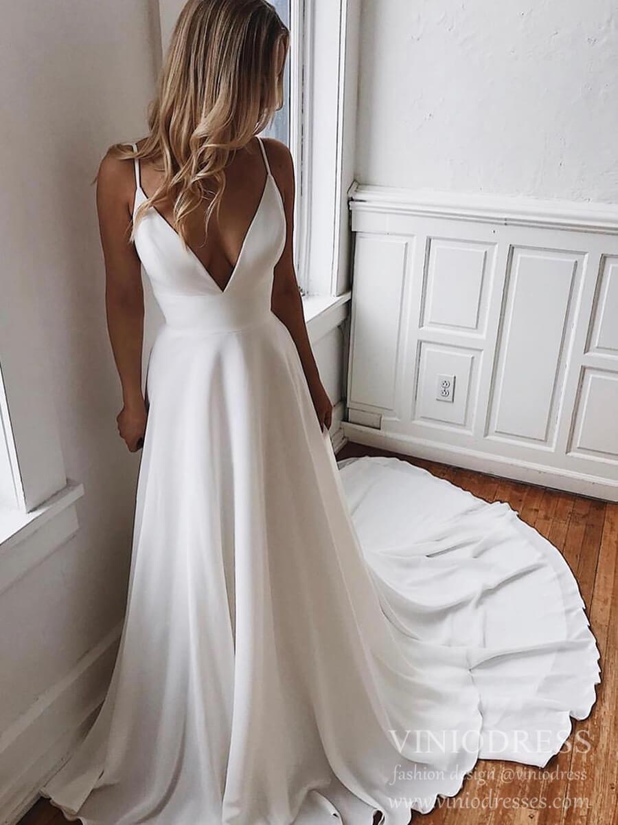 Simple Chiffon Wedding Dresses with Lace Back Satin Bridal Gown VW1547-wedding dresses-Viniodress-Ivory-Custom Size-Viniodress