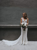 Simple Lace Sheath Beach Wedding Dresses with Long Train VW1082