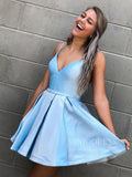 Simple Light Blue Sparkly Satin Homecoming Dresses with Pockets SD1283