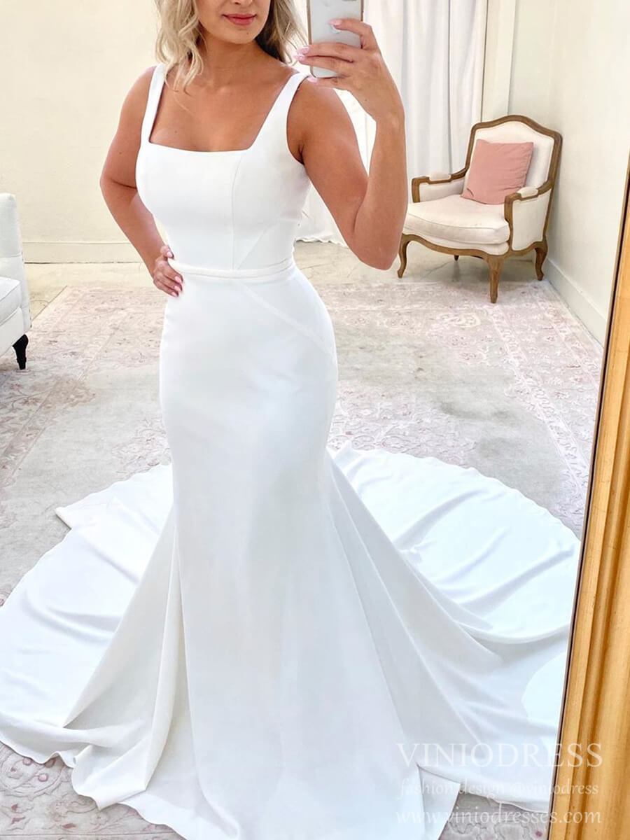 Simple Mermaid Wedding Dresses Broad Strap Satin Bridal Dress VW1564-wedding dresses-Viniodress-Ivory-Custom Size-Viniodress