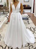 Simple Minimalist A-line Satin Wedding Dresses V-neck Bridal Dress  VW1546