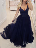 Simple Navy Blue Prom Dresses V Neck Tulles Military Gowns FD1321