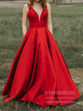 Simple Red Satin V Neck Long Prom Dresses with Pockets FD1760