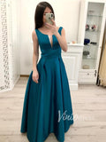Simple Satin Teal Long Prom Dresses with Pockets FD1371