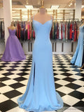 Simple Sheath Light Blue Long Prom Dresses with Slit FD1267