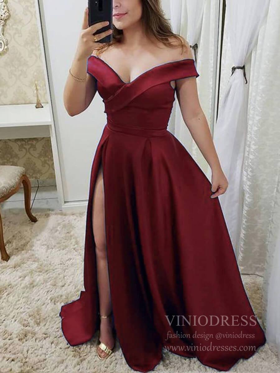 Simple Side Slit Burgundy Long Prom Dresses Off the Shoulder FD1709-prom dresses-Viniodress-Burgundy-Custom Size-Viniodress