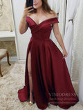 Simple Side Slit Burgundy Long Prom Dresses Off the Shoulder FD1709