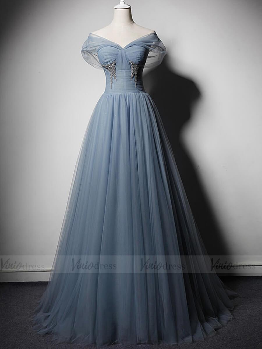 Simple Slate Blue Tulle Long Prom Dresses Off the Shoulder FD1619-prom dresses-Viniodress-Slate Blue-Custom Size-Viniodress