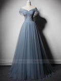Simple Slate Blue Tulle Long Prom Dresses Off the Shoulder FD1619